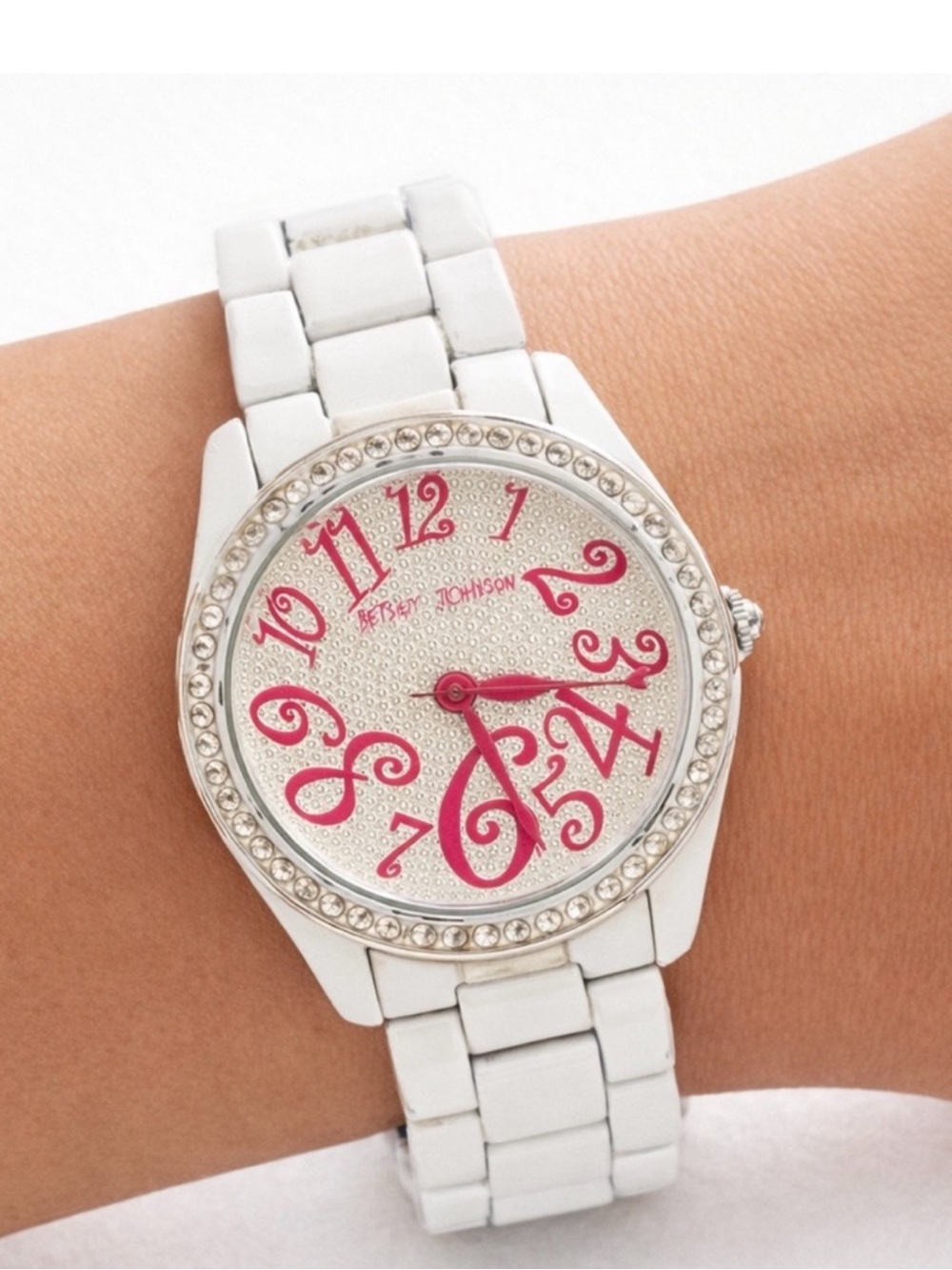 Betsey Johnson White Crystal Accent Watch with Pink Numerals